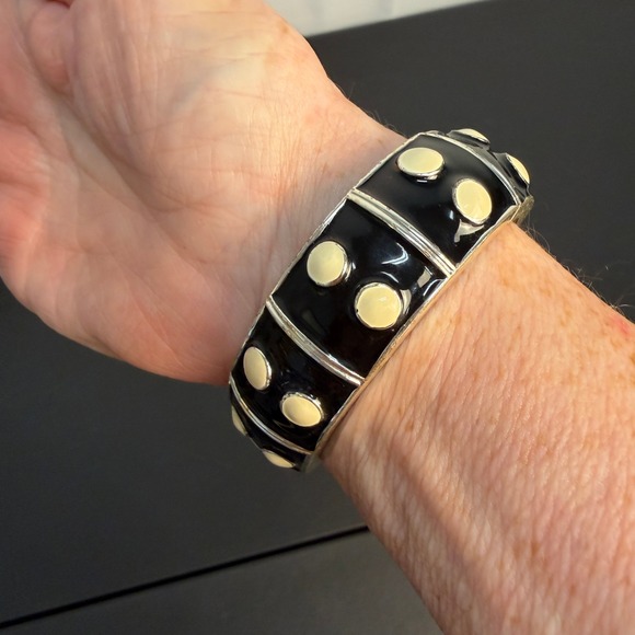 Premiere Design Enamel Black and Cream Polka Dot Hinge Bracelet Cuff - Picture 6 of 11